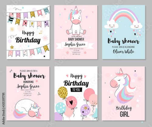 Baby shower invitation and happy birthday greeting card set with cute unicorns. Vector illustration, hand drawn style.