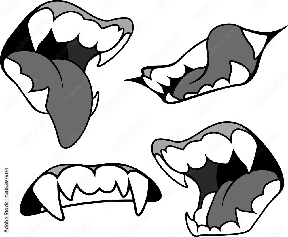 mouth with pointed fangs in gray colors, in several versions. Vampire ...