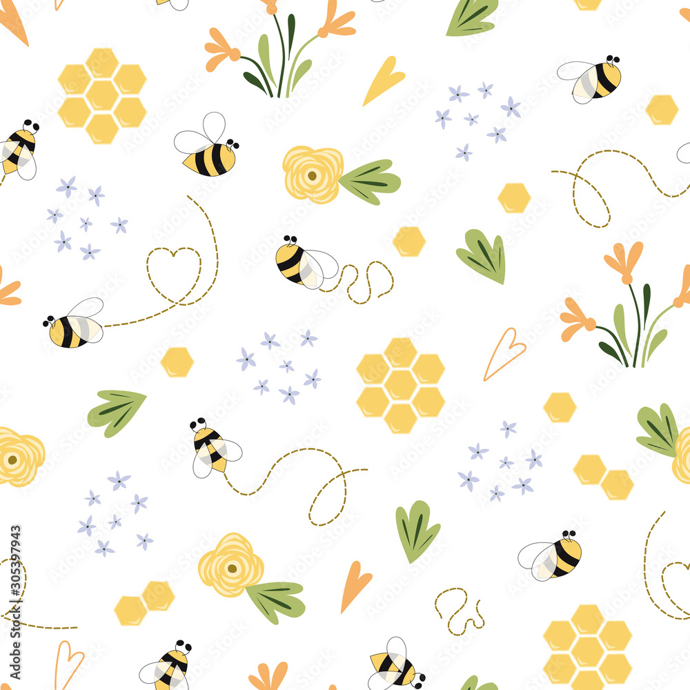 Bee honey pattern Bee floral yellow template Bee seamless pattern Cute honey templates vector