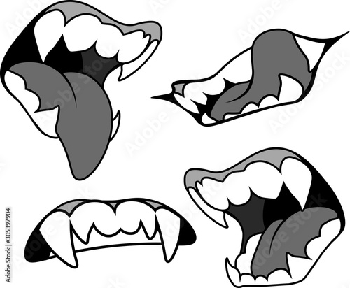 mouth with pointed fangs in gray colors, in several versions. Vampire, werewolf, halloween.