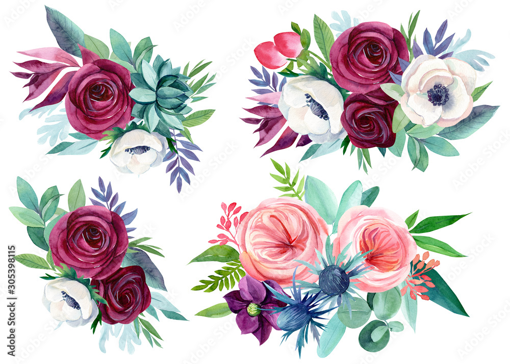 watercolor illustration, set of  bouquet flowers, plants, berry leaves on white background, roses, anemones, succulent eucalyptus, beautiful bouquet of flowers