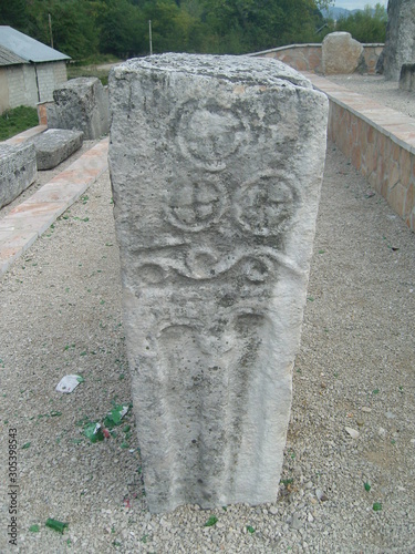 Canvas Medieval tombstone Stecak with spiral carvings and colonnades Niksic Montenegro