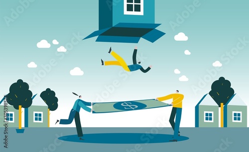 Agency pays home insurance. People catch a falling man with a trampoline. Accident cover by contract. Parents financially support child. Concept vector illustration EPS 10 isolated on white
