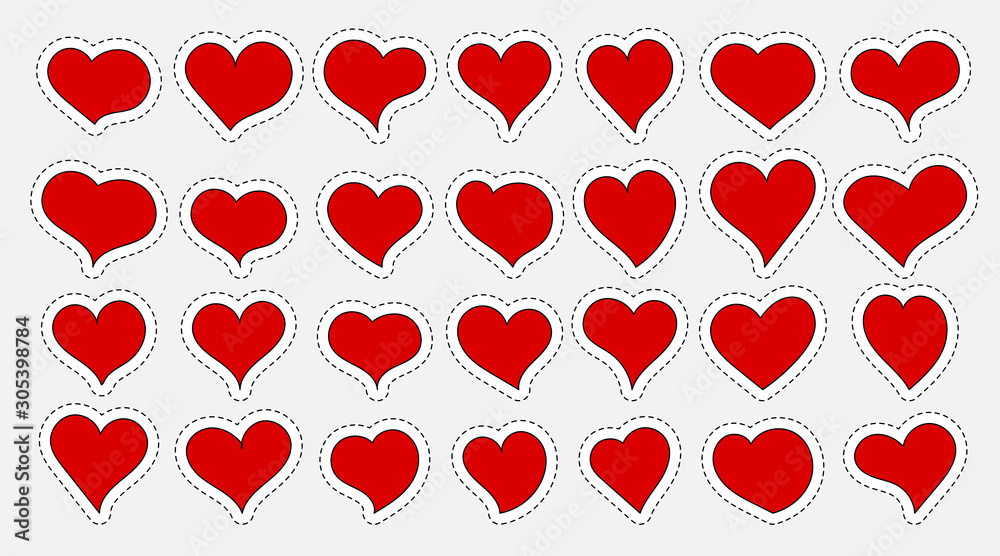 Set of red hearts. Hand drawn. Collection of beautiful stickers isolated on gray background. Vector illustration Set of red hearts. Hand drawn. Collection of beautiful stickers isolated on gray background. Vector illustration