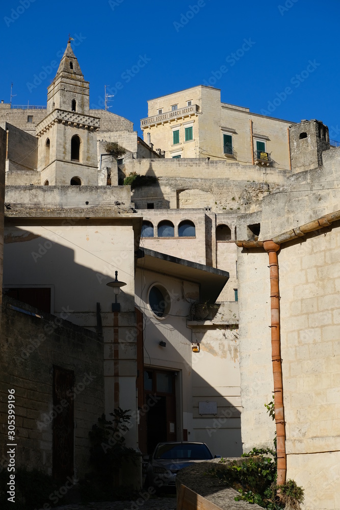 Houses built with blocks of tufa stone in the ancient Mediterranean city of Matera in Italy.