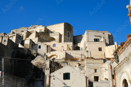 Houses built with blocks of tufa stone in the ancient Mediterranean city of Matera in Italy. © MyVideoimage.com
