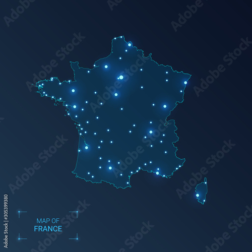 France map with cities. Luminous dots - neon lights on dark background. Vector illustration.