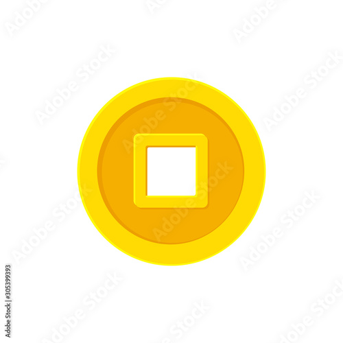 Square hole Chinese coin cash. Flat icon isolated on white. Vector illustration