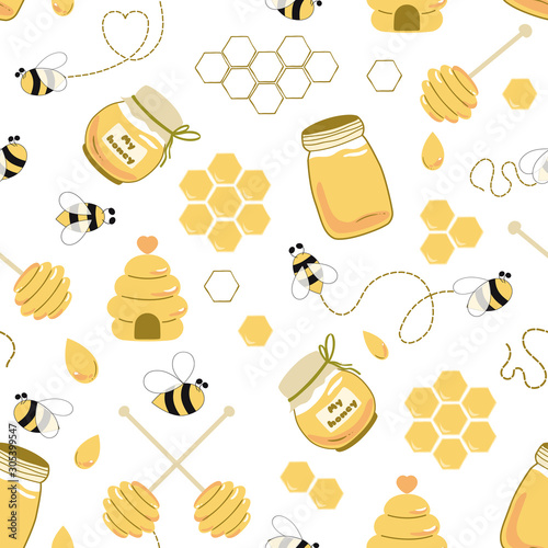 Bee honey seamless pattern Honey yellow template Beekeeping background Honey jar house spoon fly bee