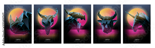 80s Retro Sci-Fi Backgrounds with polygonal models. Vector futuristic synth retro wave illustration in 1980s posters style. Ultra Violet. Creative Template with Low poly elements.