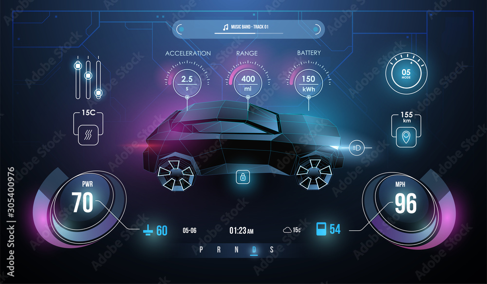 Modern sports car dashboard with navigation display. Cockpit of futuristic  autonomous car. Abstract virtual graphic touch user interface. Car Auto  Service, Modern Design, Diagnostic Auto. Stock Vector