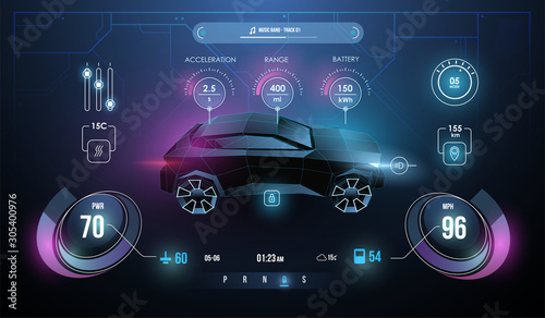 Modern sports car dashboard with navigation display. Cockpit of futuristic autonomous car. Abstract virtual graphic touch user interface. Car Auto Service, Modern Design, Diagnostic Auto.
