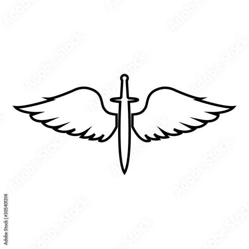 Wings and sword symbol cadets Winged blade weapon medieval age Warrior insignia Blazon bravery concept icon outline black color vector illustration flat style image