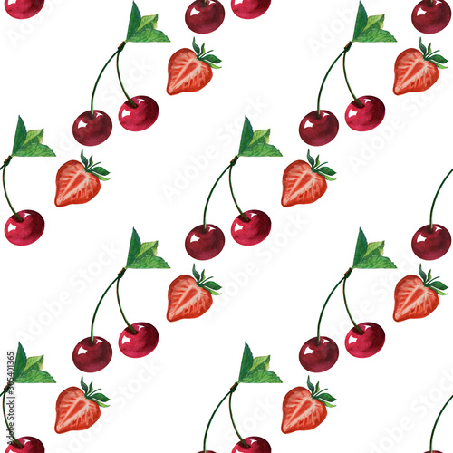 Watercolor seamless pattern with strawberry and cherry. Hand drawing decorative background. Print for textile, cloth, wallpaper, scrapbooking