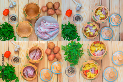 Four photos in one. Ingredients for meat and potatoes baked in rustic pots. Cooking raw beef steak on bone on a plate with vegetables. Copy text area for menu design. Horizontal top view