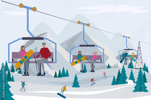 Winter Alps holidays background with active people. Winter outdoor activities, People ride the ski lifts in the mountains.