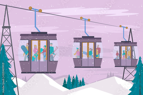 Winter Alps holidays background with active people. Winter outdoor activities. People ride the ski lifts in the mountains..