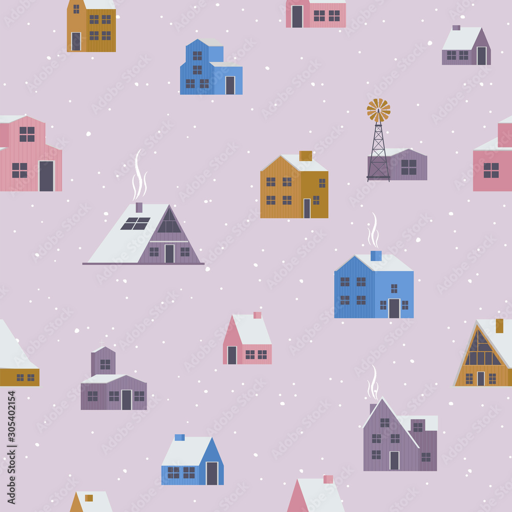 Seamless pattern with cute scandinavian houses. Editable vector illustration.