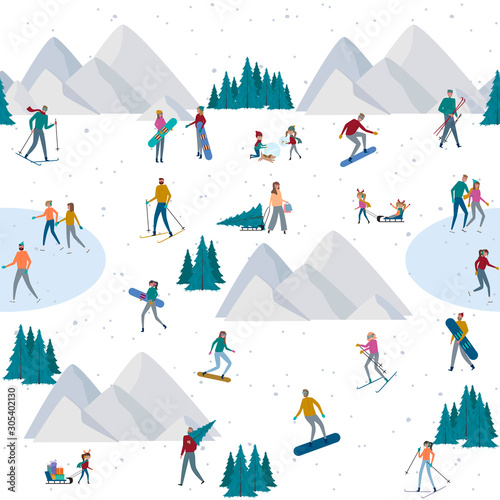 Seamless pattern with Winter Alps holidays background with active people. Winter outdoor activities, People ice skating, skiing, snowboarding, sledding.