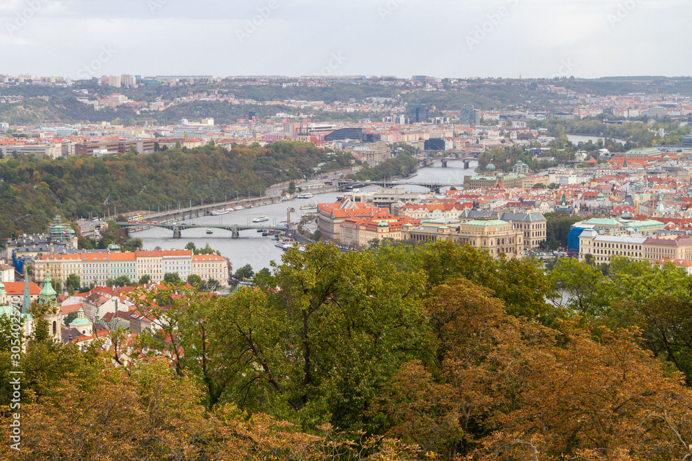 City views Prague autumn. Green foliage in the foreground. Tiled roofs. Petrshin.