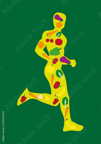 Silueta amarilla con verduras de un deportista corriendo sobre fondo verde.