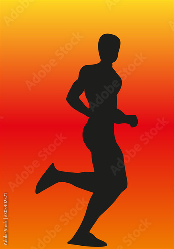 Silueta negra de un deportista corriendo sobre fondo rojo.
