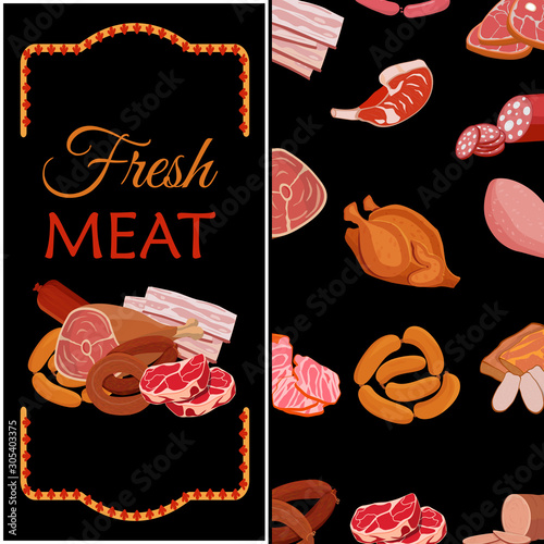 Banner with meat products. Roast chicken and prime rib, sausage, salami and ham, sirlon, bacon, sucuk and smoked meat, turkey and t-bone steak