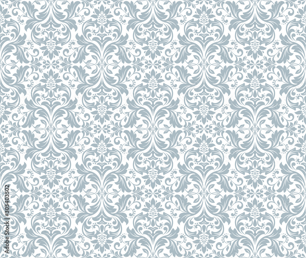 Wallpaper in the style of Baroque. Seamless vector background. White and blue floral ornament. Graphic pattern for fabric, wallpaper, packaging. Ornate Damask flower ornament