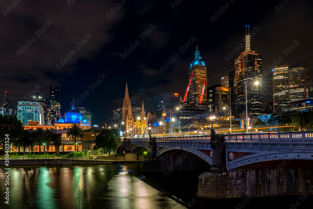 Melbourne / Australia - October 25 2019 : Night view of Melbourne city CBD and the Yarra river