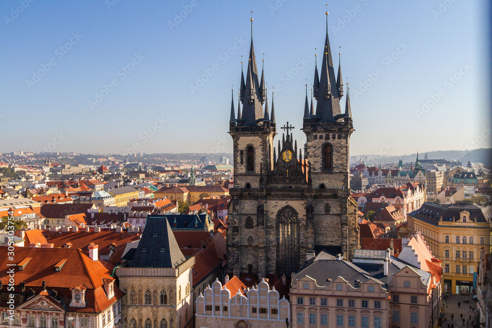 city views Prague autumn. Old Town Square. Tyn Church. Tiled roofs. View from above.