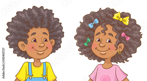 Portrait of two smiling african american children with curly hair. Isolated on white background In cartoon style. Vector illustration.