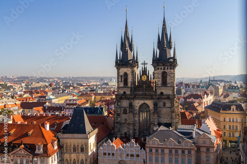 city views Prague autumn. Old Town Square. Tyn Church. Tiled roofs. View from above.