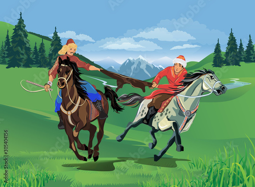 Riders on horses during the holiday Nauryz. Spring, mountains. Vector illustration.