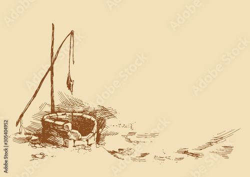 Man and camels at withered well in desert. Vector drawing