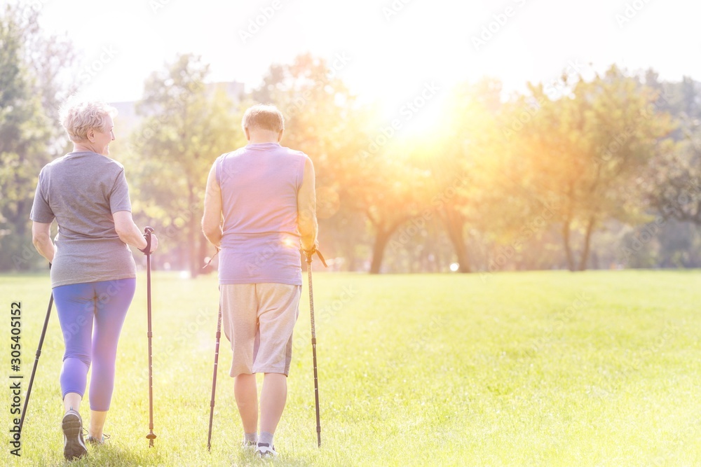 Rear view of healthy senior couple with hiking poles walking on field Rear view of healthy senior couple with hiking poles walking on field