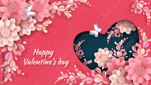 Heart, blooming peonies, butterflies, Valentines Day design in style of paper cut. Festive background, banner, greeting card, flyer in coral and dark blue colors. Vector illustration