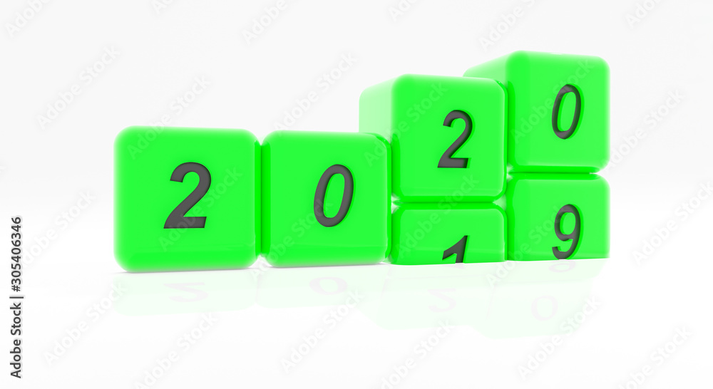 happy new year 2020 coming and 2019 leaves, 3d illustration of green dice in a white background happy new year 2020 coming and 2019 leaves, 3d illustration of green dice in a white background