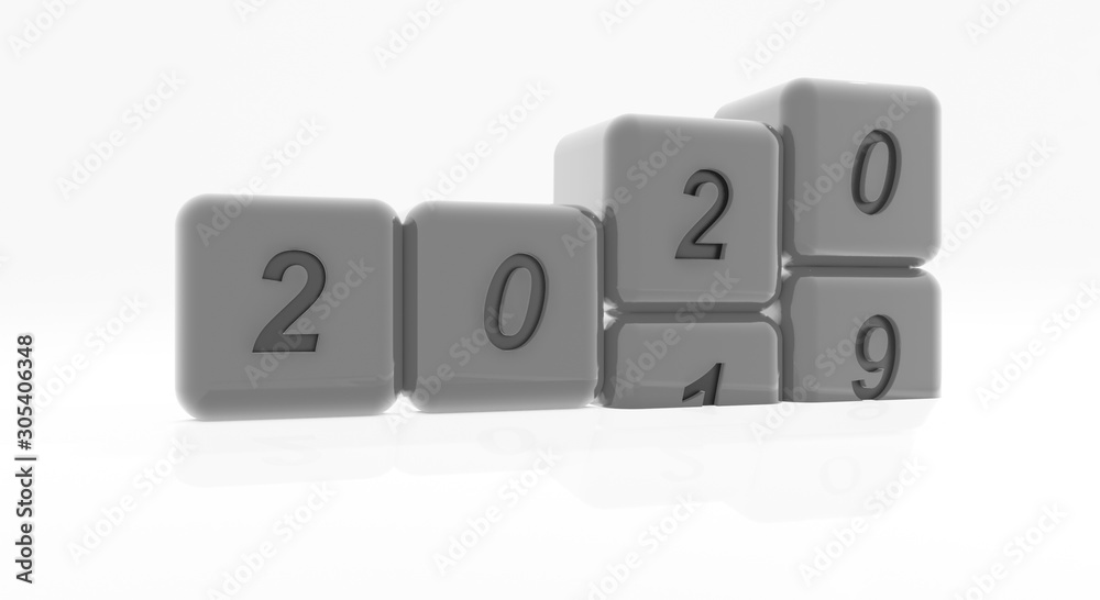 happy new year 2020 coming and 2019 leaves, 3d illustration of grey dice in a white background happy new year 2020 coming and 2019 leaves, 3d illustration of grey dice in a white background