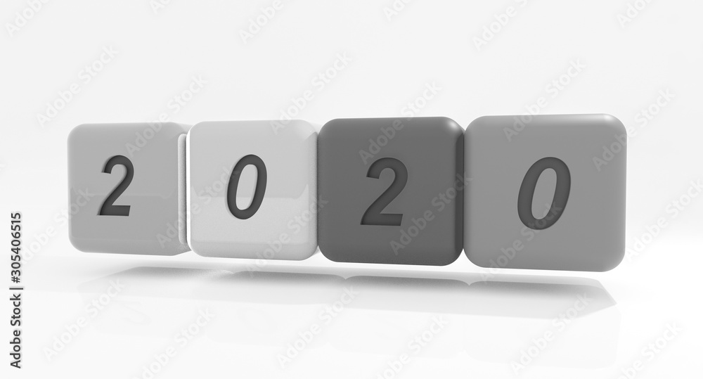 2020 New year change, turn. 2020 start 2019 end, grey dice isolated against white background. 3d illustration 2020 New year change, turn. 2020 start 2019 end, grey dice isolated against white background. 3d illustration
