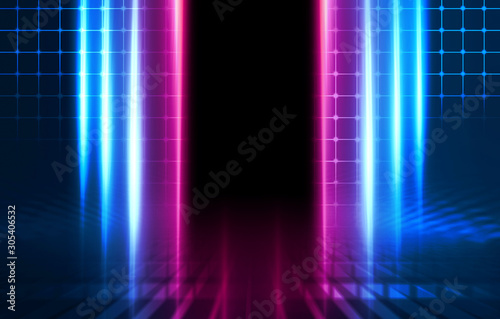 Empty dark abstract background. Background of empty show scene. Glow of neon lights on an empty stage. Dark tunnel