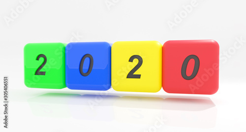 2020 New year change, turn. 2020 start 2019 end, colored dice isolated against white background. 3d illustration