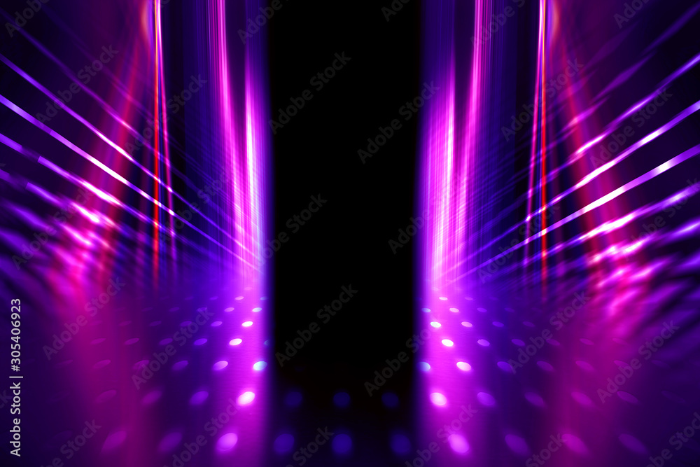 Obraz premium Empty dark abstract background. Background of empty show scene. Glow of neon lights on an empty stage. Dark tunnel