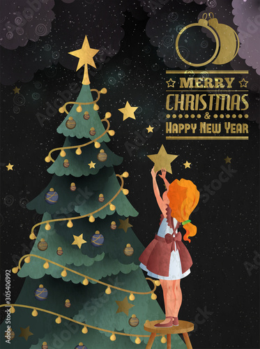 Little girl decorating christmass tree. New Year greeting card template