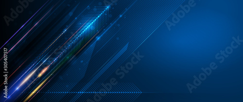 Vector Abstract, science, futuristic, energy technology concept. Digital image of light rays, stripes lines with blue light, speed and motion blur over dark blue background