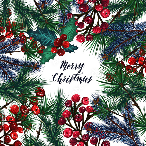 Merry Christmas. Vector illustration, spruce branches, mistletoe berries, background white, prints on T-shirts, handmade,card for you