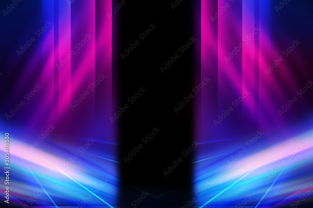 Empty dark abstract background. Background of empty show scene. Glow of neon lights on an empty stage. Dark tunnel Empty dark abstract background. Background of empty show scene. Glow of neon lights on an empty stage. Dark tunnel