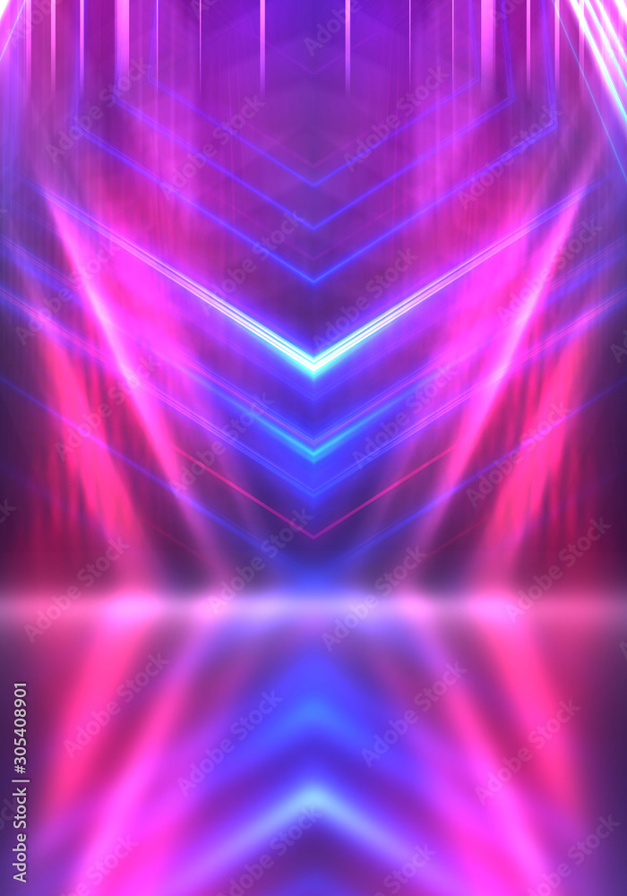 Empty dark abstract background. Background of an empty show scene. Glow of neon lights on an empty stage. Empty dark abstract background. Background of an empty show scene. Glow of neon lights on an empty stage.