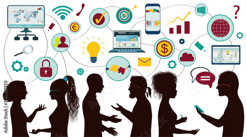 Sharing ideas and technology for the future. Communication and network isolated multi-ethnic group people. Mind Map. Connection and exchange of ideas - data or questions. Upload and download data