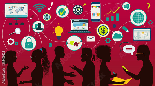 Sharing ideas and technology for the future. Global communication and network multi-ethnic group people. Mind Map. Connection and exchange of ideas - data or questions. Upload and download data