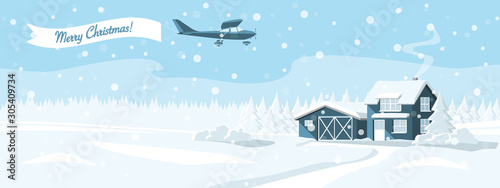 Wooden house in a snowy forest. Winter wonderland. In a sky plane with banner Merry Christmas! Vector template.